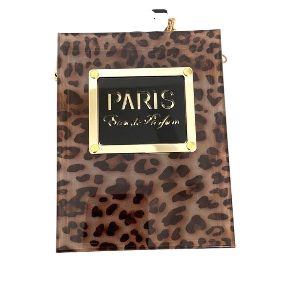 Paris Leopard Purse Brown Acrylic Bag Clutch Chain Shoulder Strap Eau De Parfum - Picture 6 of 10